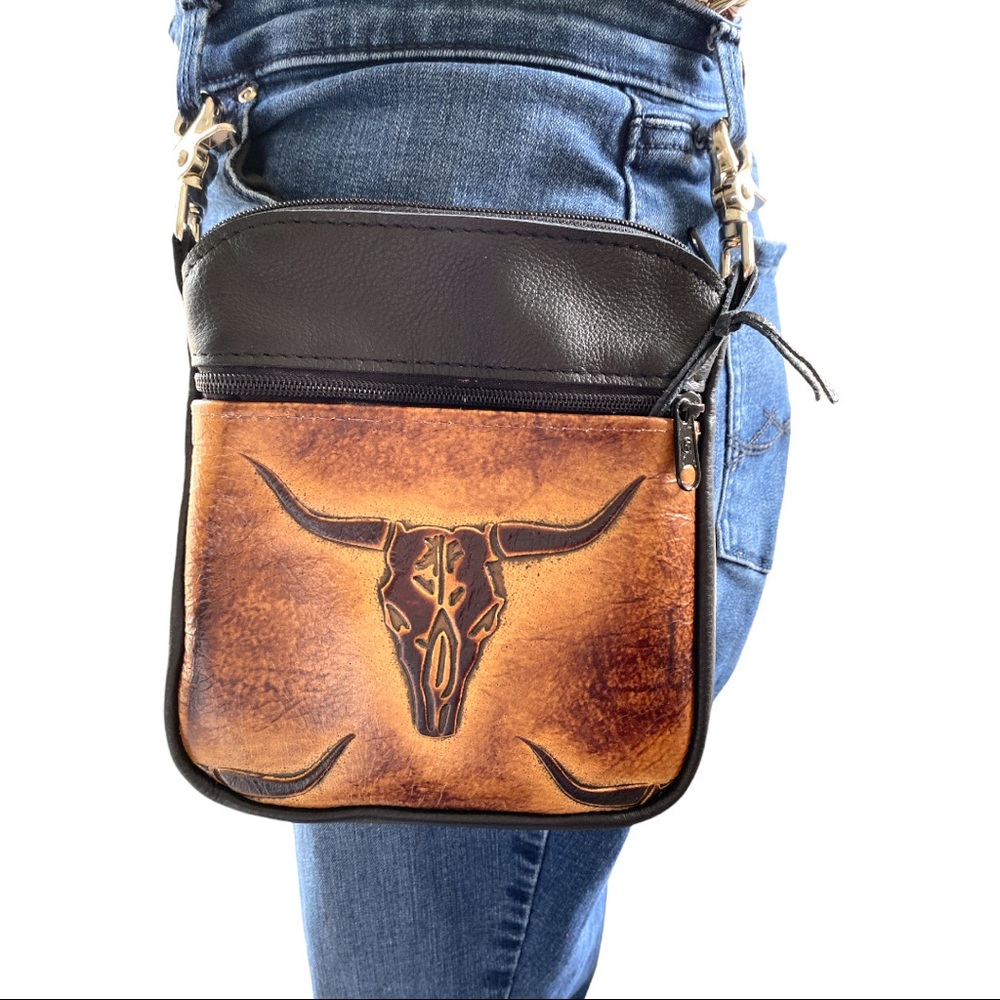 Longhorn Leather Holster Crossbody Bag, Western Handmade Cowhide Purse